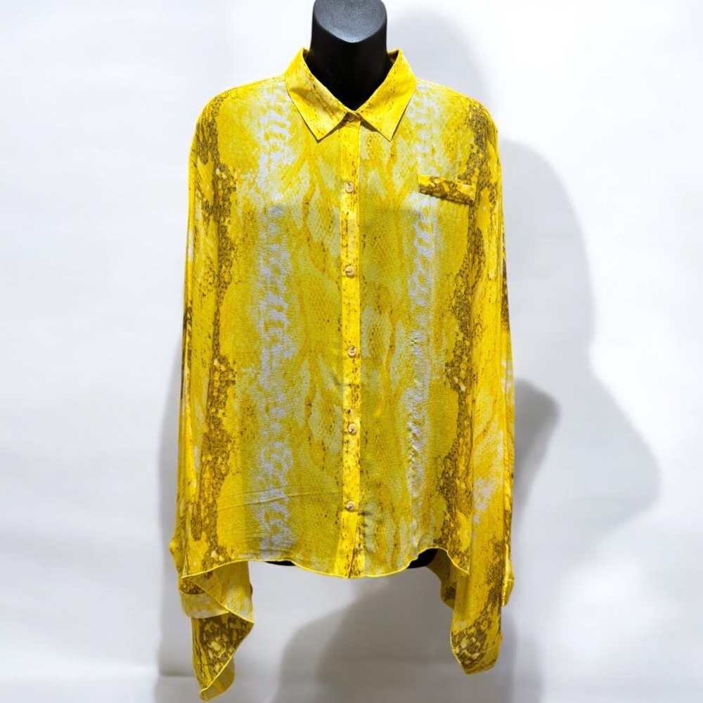 SYLK Yellow Silk Snake Print Oversized Sheer Top Size M